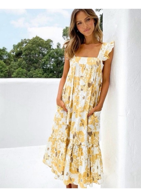 Petal & Pup Dresses & Skirts - Petal & Pup 100%Cotton Boho Midi Ruffle Shoulder Romantic Floral Pocket Dress